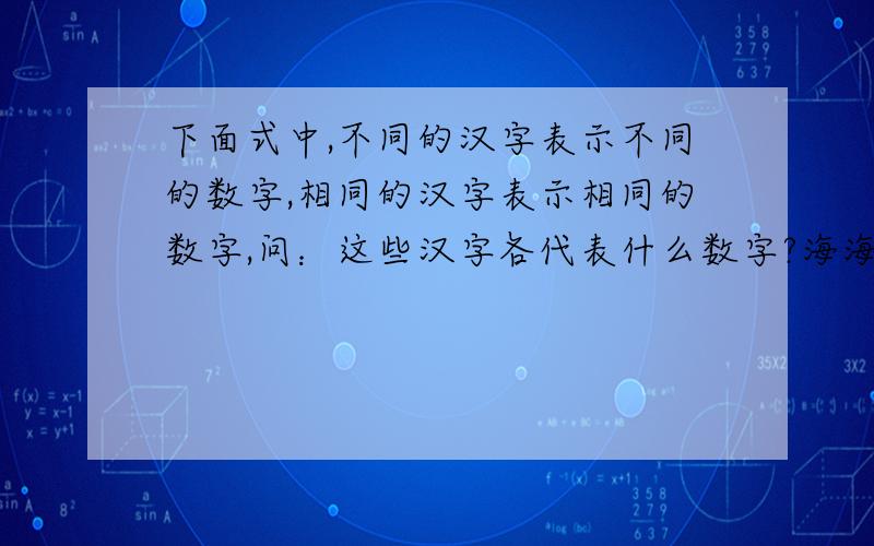 下面式中,不同的汉字表示不同的数字,相同的汉字表示相同的数字,问：这些汉字各代表什么数字?海海海海海海÷美=美丽的上海希望有推理过程